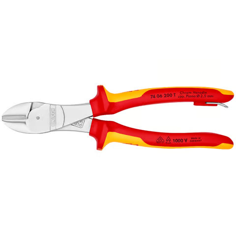 KNIPEX High Leverage Diagonal Cutting Pliers (VDE) w/ Tether Attachment, 200mm