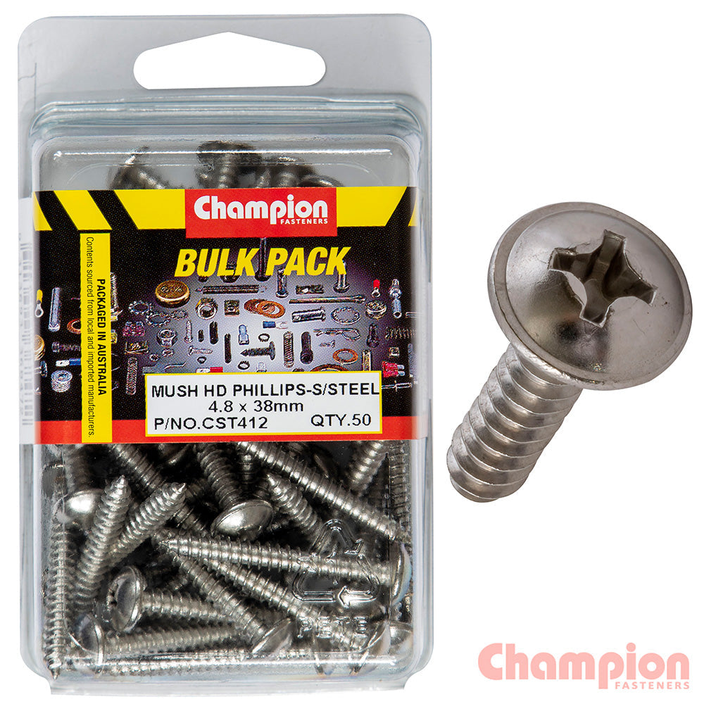Champion S/Tapping Screws - Mushroom Head - 4.8 x 38mm