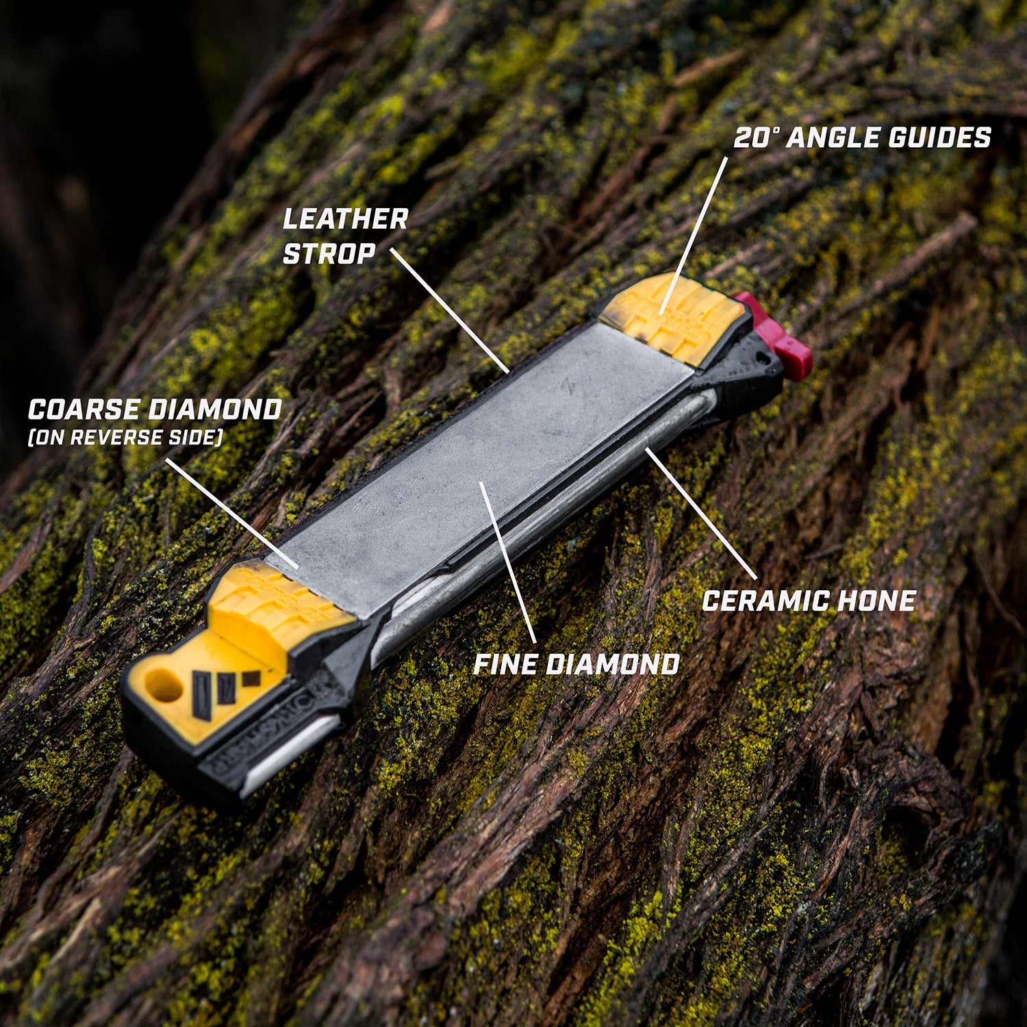 Worksharp Guided Field Sharpener labelled feature diagram showing diamond plates, ceramic rods, leather strop and angle guides