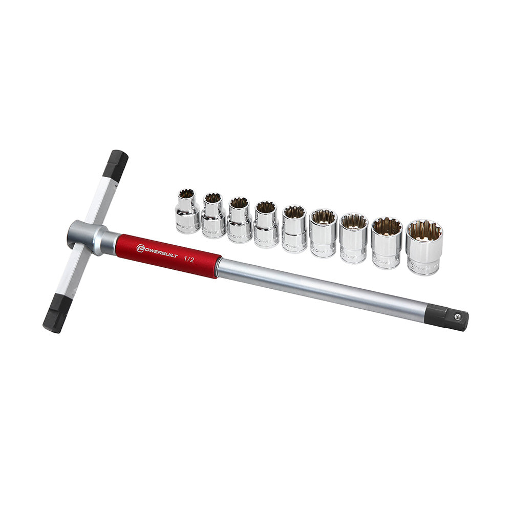 Powerbuilt 1/2in Dr 10pc Spline Socket Set with 3-Way T-Handle Driver