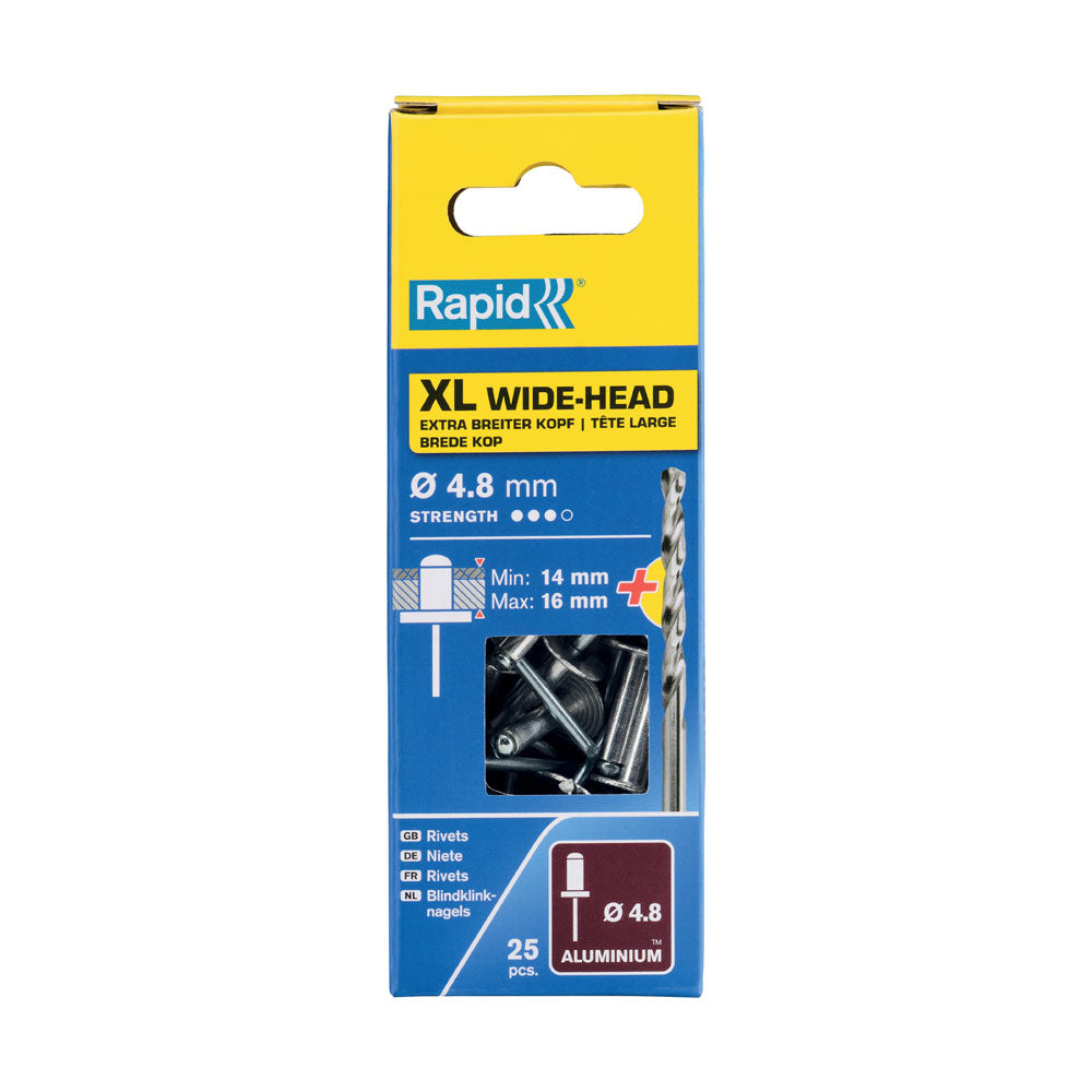 Rapid Rivets 4.8x20mm Aluminium XL Wide Head + Drill 25pc