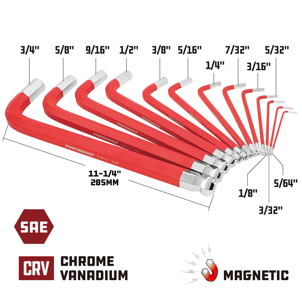 Powerbuilt 13pc Jumbo Long Magnetic Imperial Hex Key Wrench Set