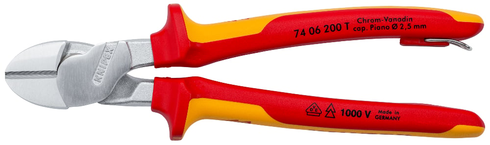 KNIPEX High Leverage Diagonal Cutting Pliers (VDE) w/ Tether Attachment, 200mm