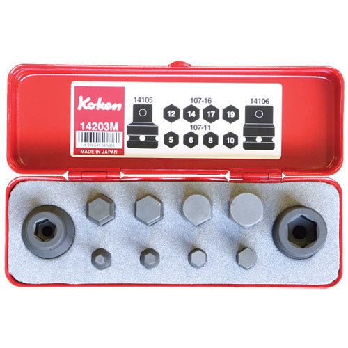 Koken 1/2" Dr Impact Hex Bit Socket Set - 10pc 2 Impact Bit Holders, 5-19mm Impact Hex Bits-Sockets & Accessories-Tool Factory