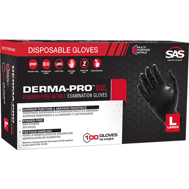 Sas Derma-Pro Black Pf Nitrile Gloves Large (Box 100)-Gloves-Tool Factory