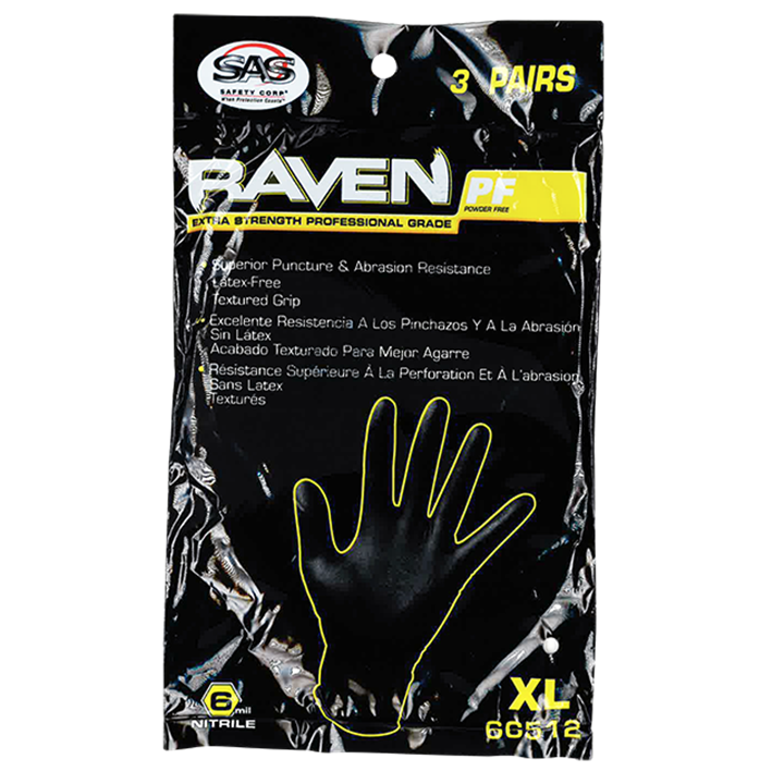 Sas Raven Blk Pf Nitrile Xlarge (3 Pack)-Gloves-Tool Factory