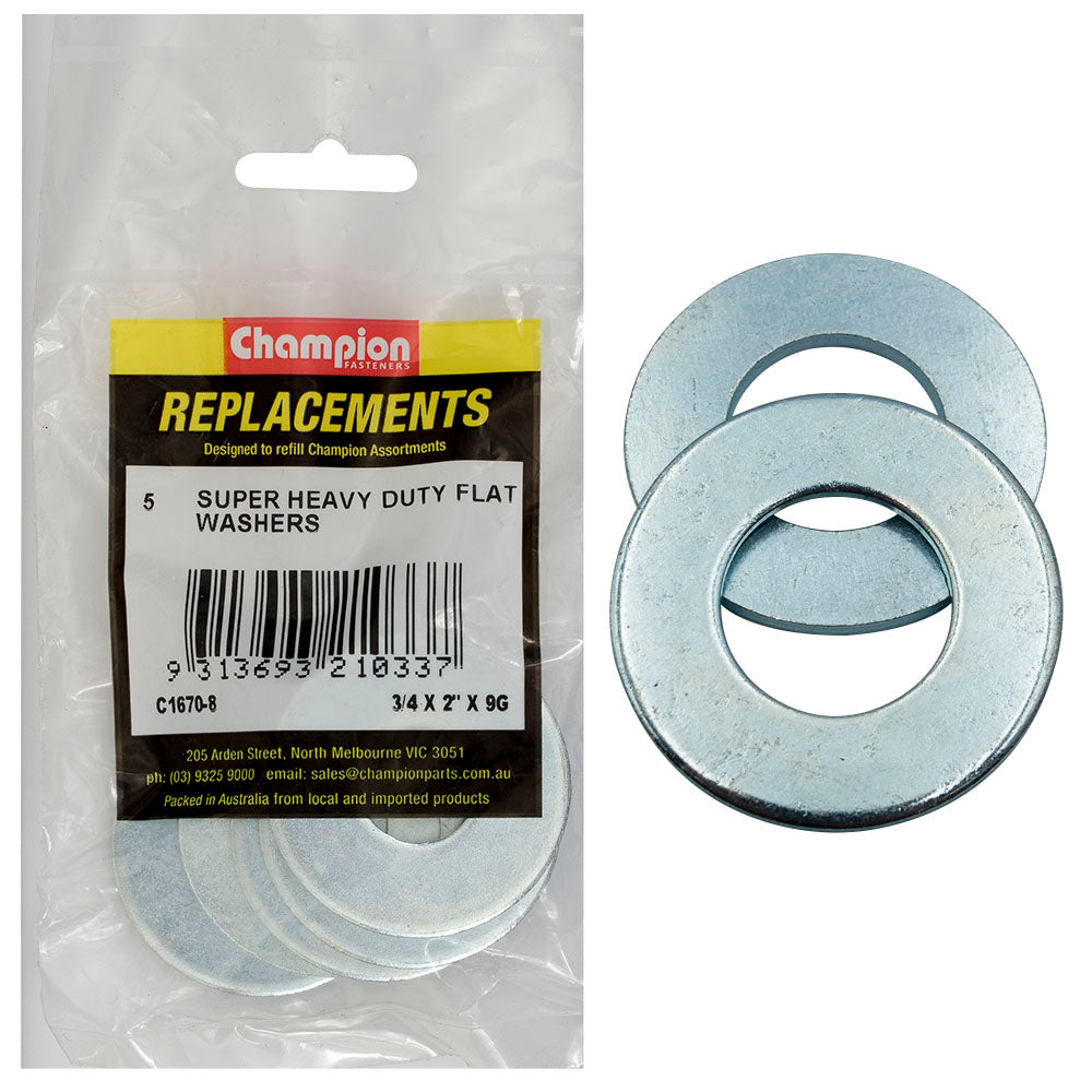 Champion 3/4in x 2in x 9G Super H/Duty Flat Steel Washer-5pk