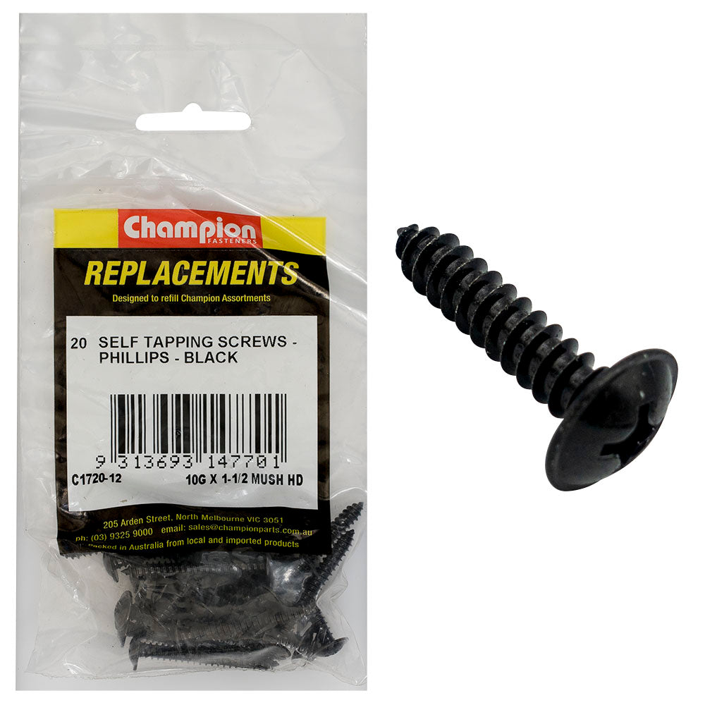 Champion 10G x 1-1/2in S/Tapping Screw Mushroom Head Ph-20pk
