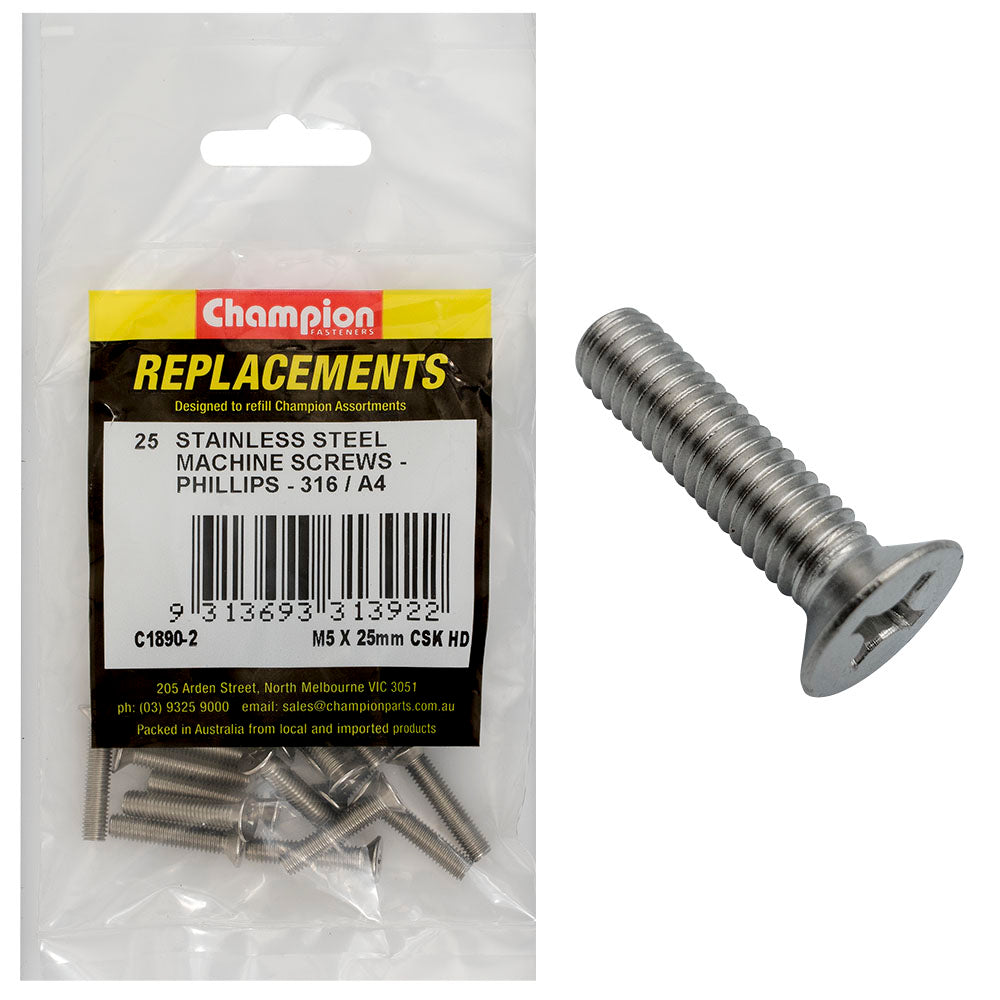 Champion M5 x 25mm Machine Screw -Csk -Ph -316/A4 -25pk