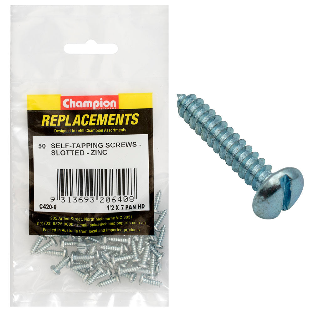 Champion 7G x 1/2in S/Tapping Screw Pan Head Slotted -50pk