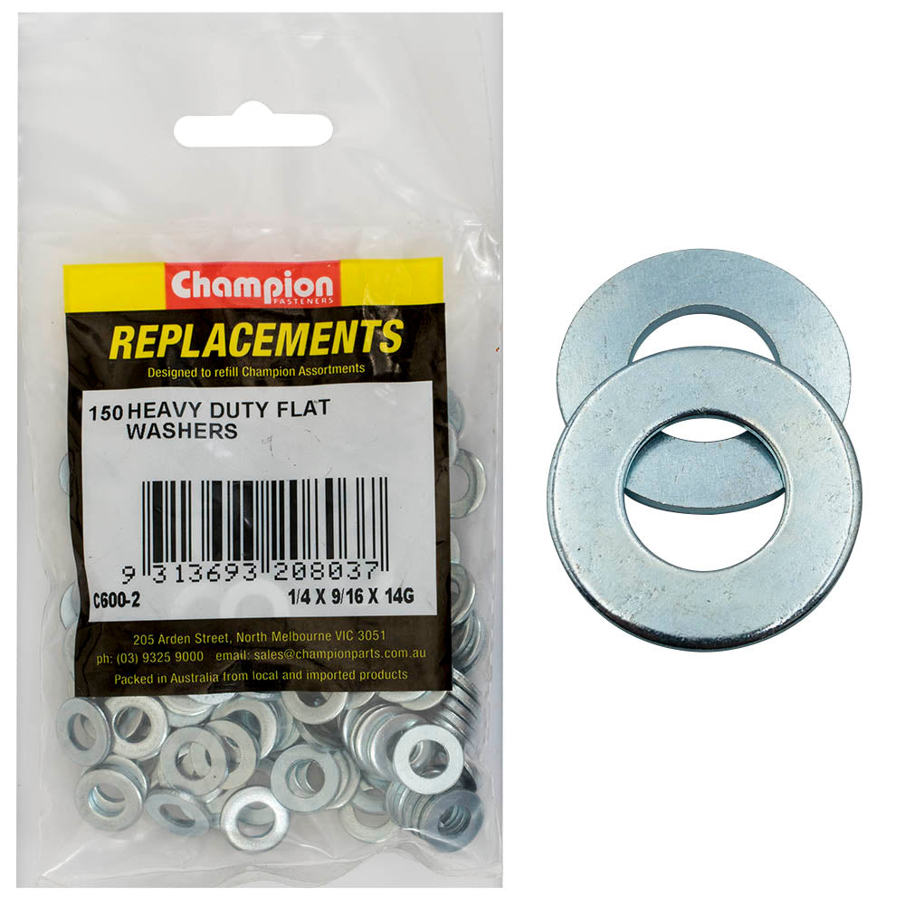 Champion 1/4in x 9/16in x 14G H/Duty Flat Steel Washer-150pk