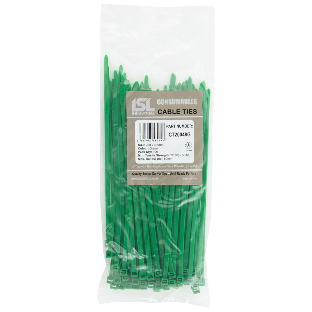 ISL 200 x 4.8mm Nylon Cable Tie - Green - 100pk