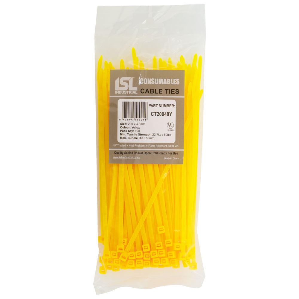 ISL 200 x 4.8mm Nylon Cable Tie - Yellow - 100pk
