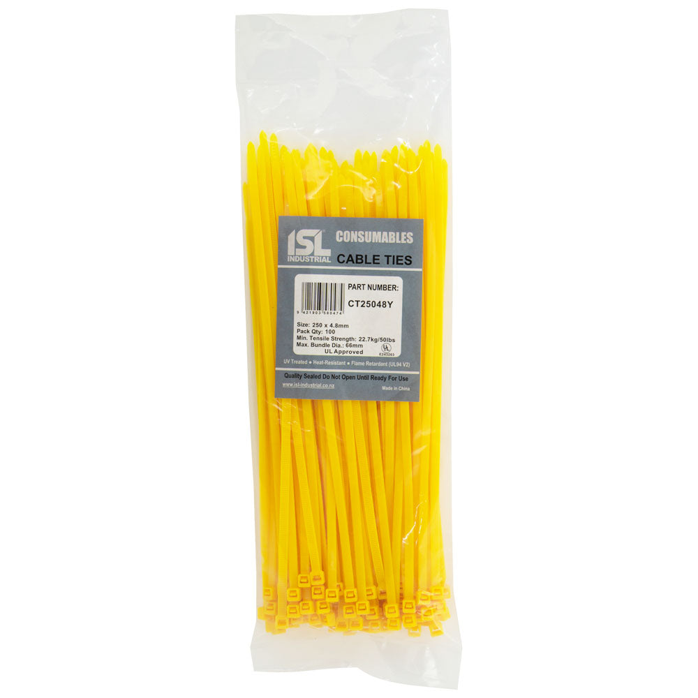 ISL 250 x 4.8mm Nylon Cable Tie - Yellow - 100pk