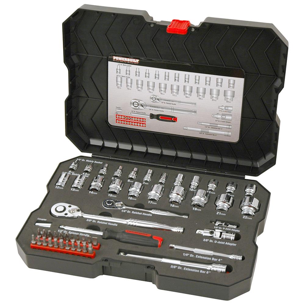Powerbuilt 1/4" Dr, 3/8" Dr 53pc Metric Socket Set