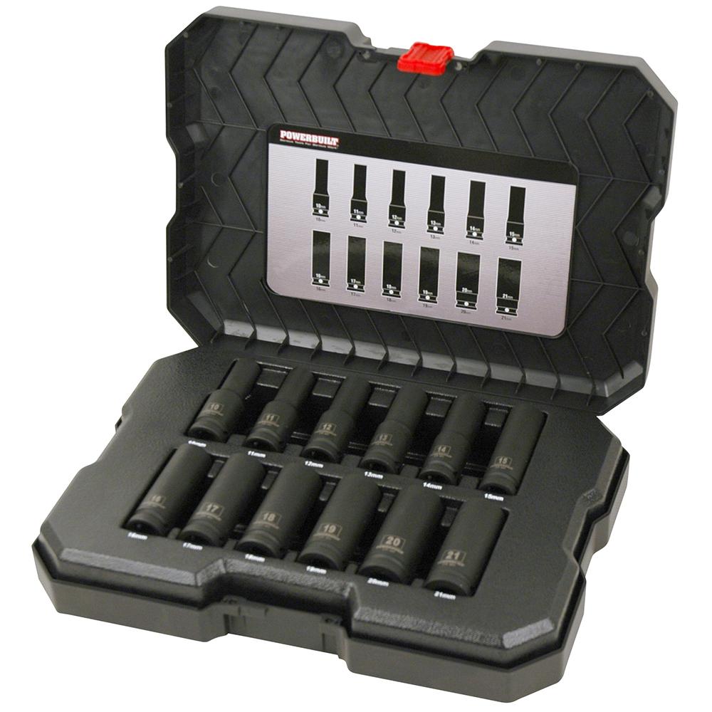 Powerbuilt 1/2” Dr 12pc 6pt Metric Deep Impact Socket Set