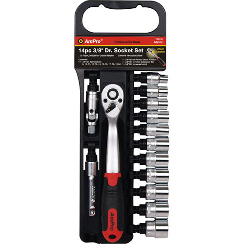 AmPro Socket Set 3/8"Dr 8-19mm 6pt 14pc (Open Rack Set)
