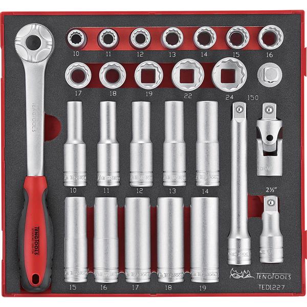 27Pc 1/2In Dr 12-Pnt Skt & Accessory Set 10-24Mm | Tool Tray Sets - 1/2 Inch Drive-Hand Tools-Tool Factory