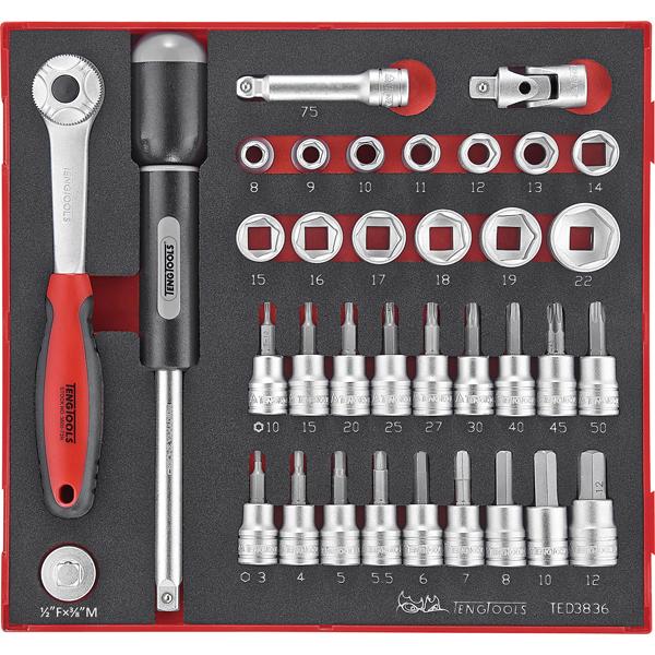36Pc 3/8In Dr 6-Pnt Std. & Tx/Hex Skt Set 8-22Mm | Tool Tray Sets - 3/8 Inch Drive-Hand Tools-Tool Factory