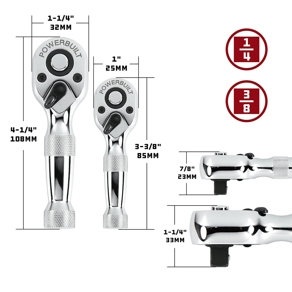 Powerbuilt 2pc 1/4in Dr & 3/8in Dr Stubby Ratchet Set