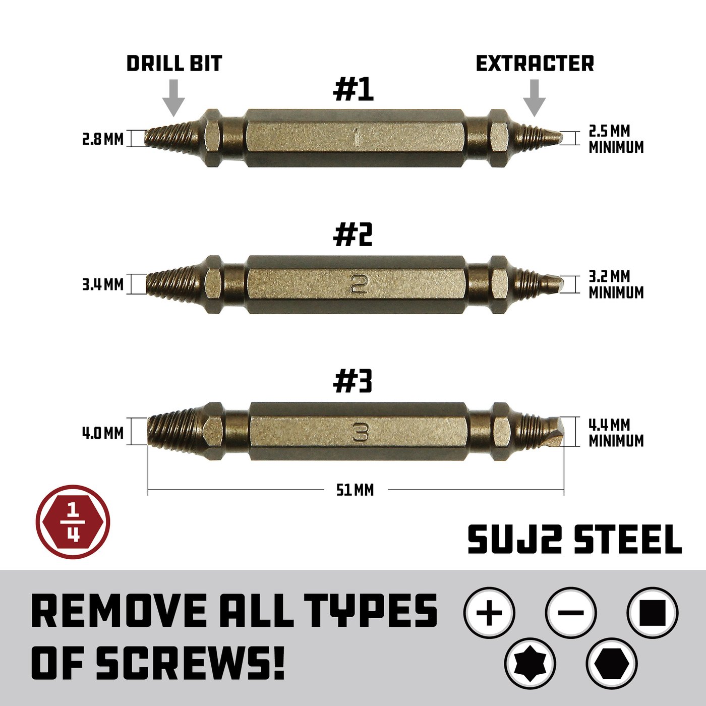 Powerbuilt 3pc Bolt Remover & Damaged Screw Extractor