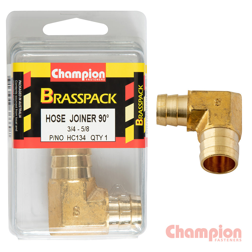 Champion Hose Joiner 90 deg Barb Elbow Reducer Brass 3/4-5/8