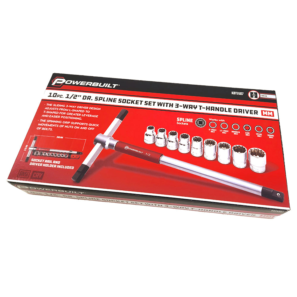 Powerbuilt 1/2in Dr 10pc Spline Socket Set with 3-Way T-Handle Driver