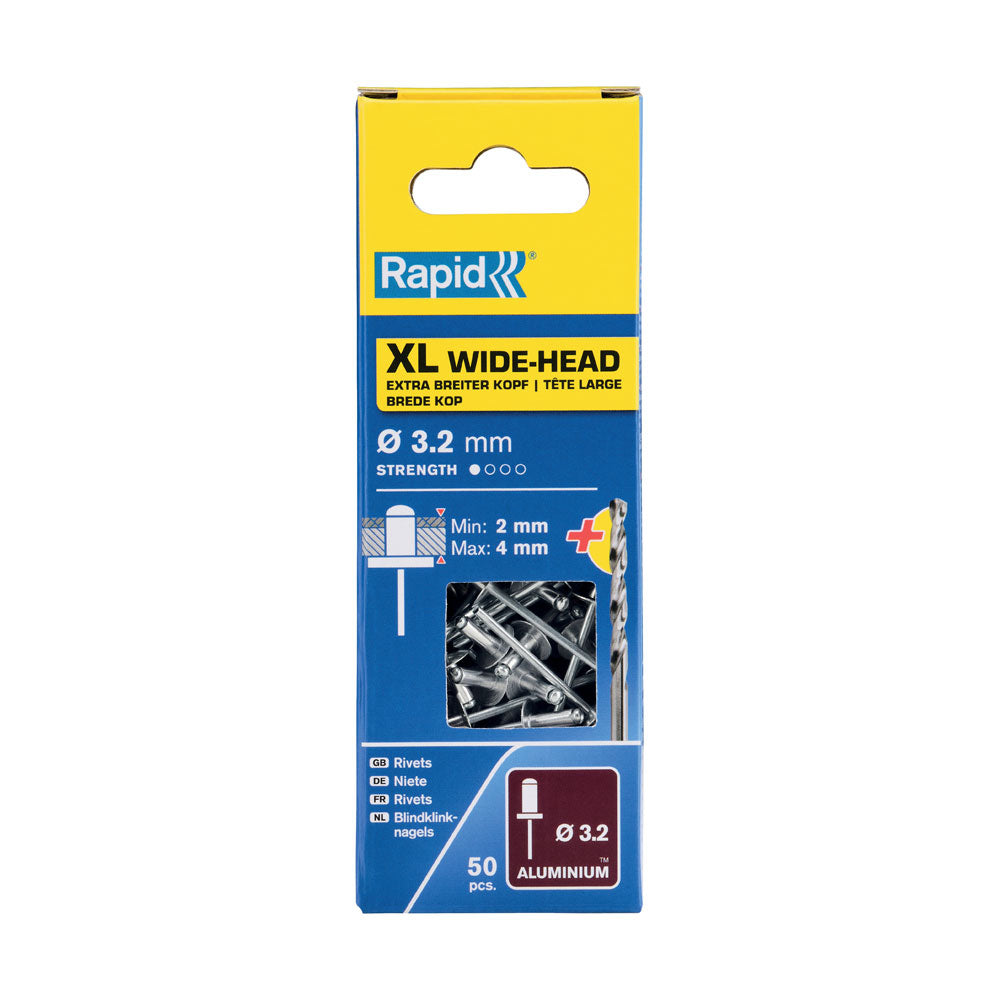 Rapid Rivets 3.2x8mm Aluminium XL Wide Head + Drill 50pc