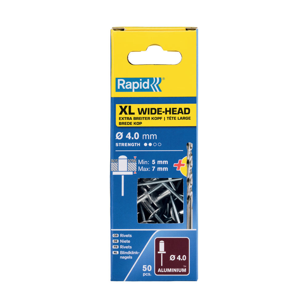 Rapid Rivets 4x10mm Aluminium XL Wide Head + Drill 50pc