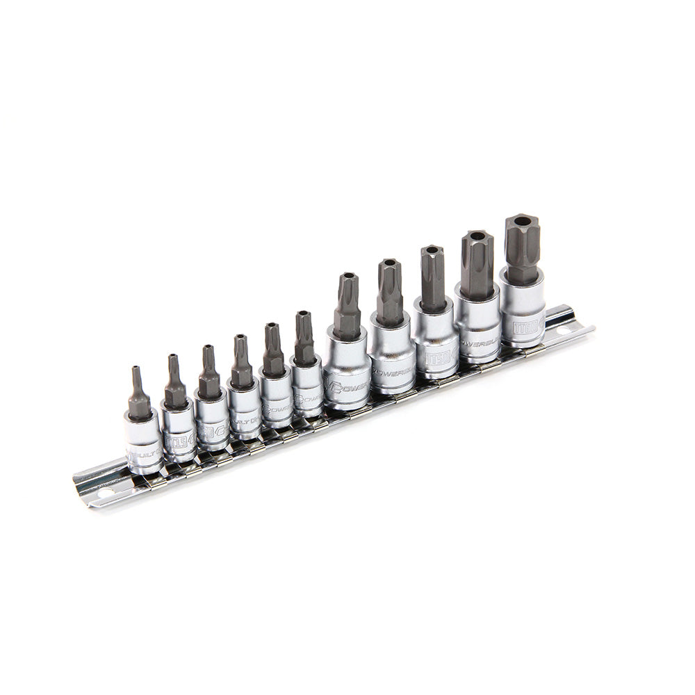 Powerbuilt 1/4in Dr 3/8in Dr 11pc Tamper Proof Star / Torx Bit Socket Set