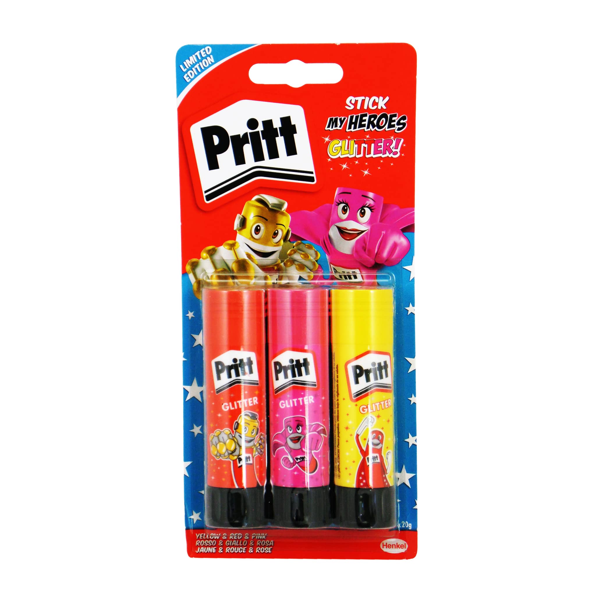 Pritt My Heroes Glitter Glue Stick 3 x 20g Asstd