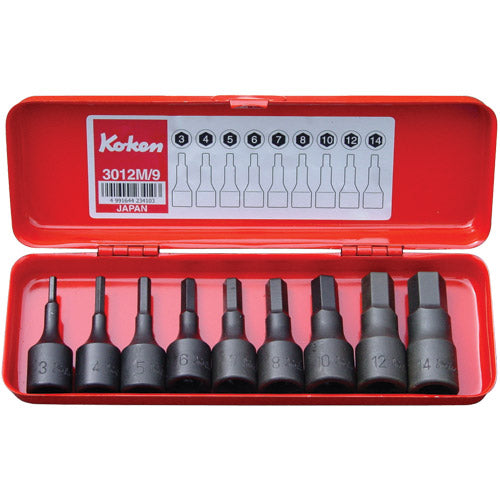 Koken 3/8"Dr Hex Socket Set In Case 9pc 3-14mm-Sockets & Accessories-Tool Factory