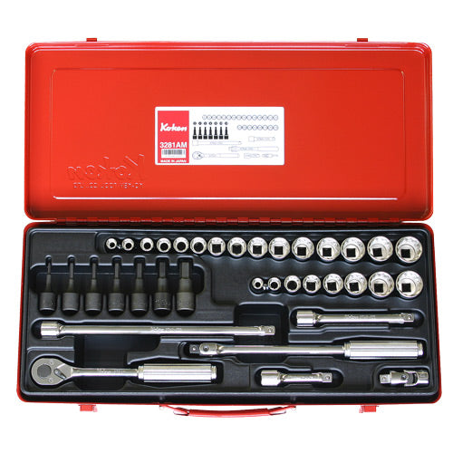 Koken 3/8" Dr Socket Set - 36pc 5/16"-7/8", 8-22mm, 3-12mm Hex-Sockets & Accessories-Tool Factory