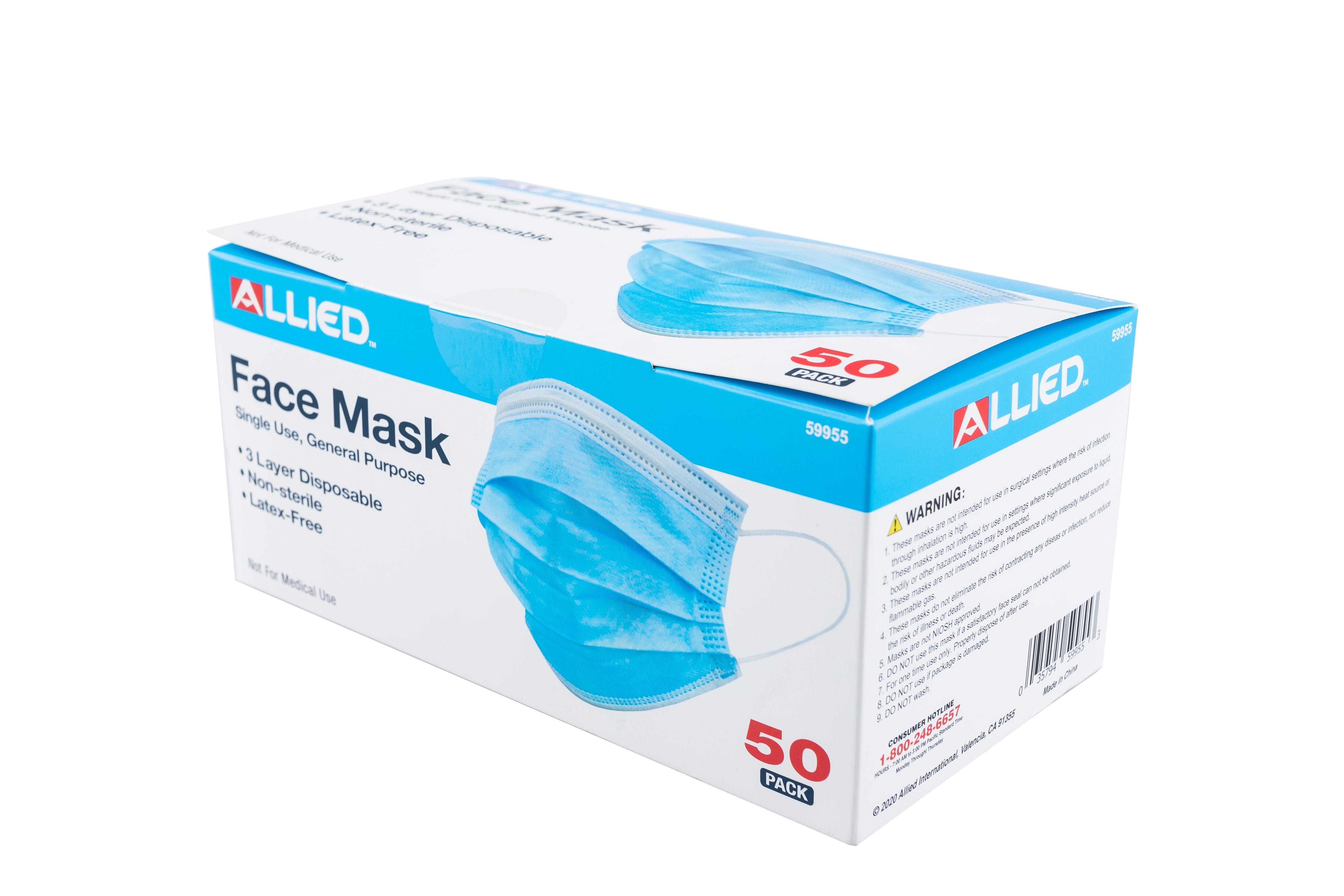 Allied Face Masks 3 Layer Disposable      50-pce