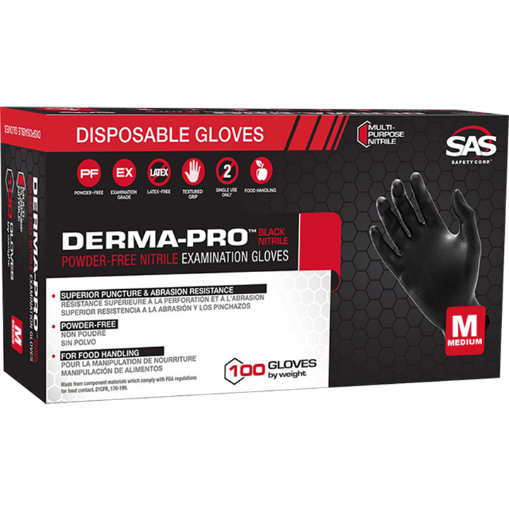 Sas Derma-Pro Black Pf Nitrile Gloves Medium (Box 100)-Gloves-Tool Factory