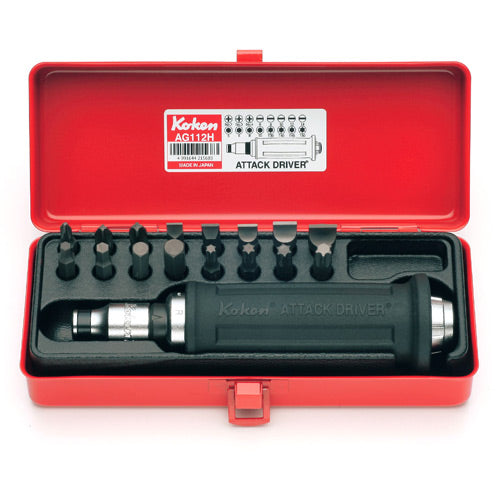 Koken 1/2" Dr Attack Driver Rubber Grip Handle - 18pc #2-3 Phillips, 8-14mm Flat, 5-10mm Hex, T30-T50 Torx-Sockets & Accessories-Tool Factory