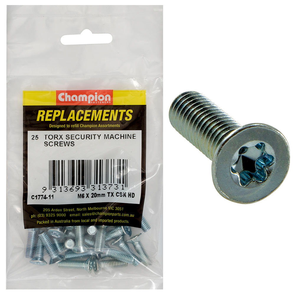Champion M6 x 20mm Machine Screw -Csk -Tx -25pk