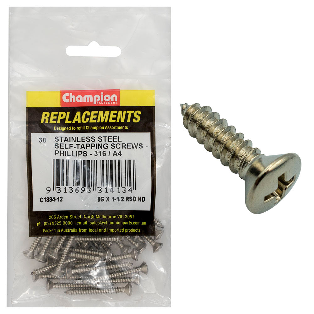 Champion 8G x 1-1/2in S/Tapping Screw -Rsd -Ph -316/A4 -30pk