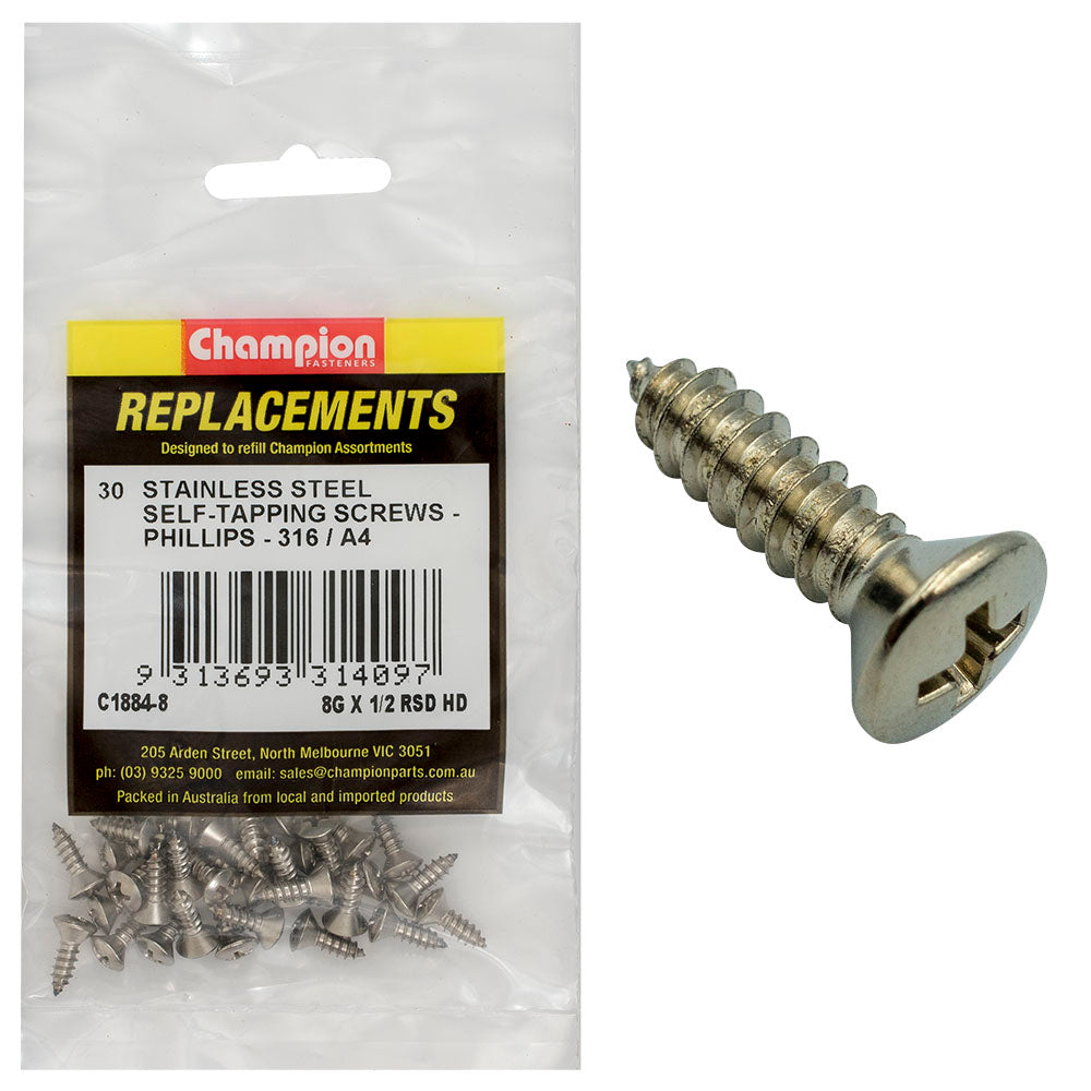 Champion 8G x 1/2in S/Tapping Screw -Rsd -Ph -316/A4 -30pk