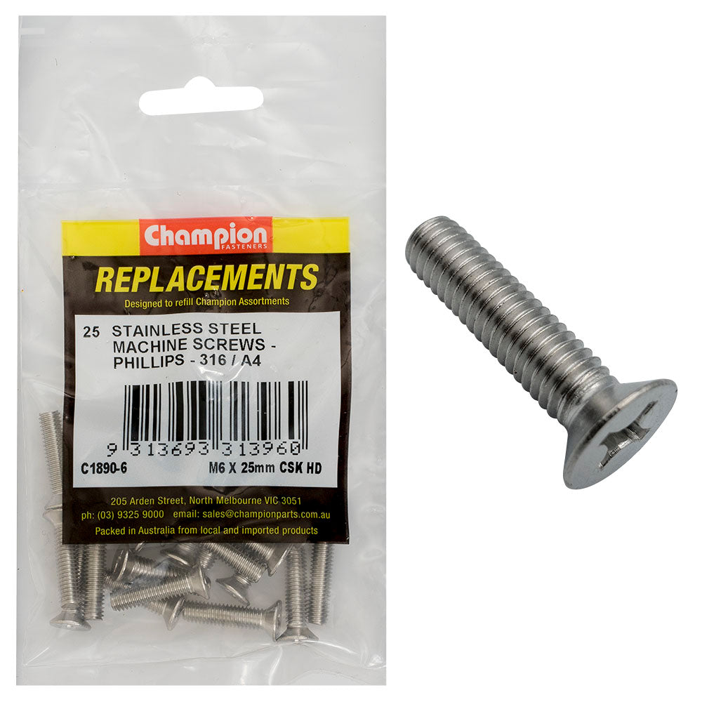 Champion M6 x 25mm Machine Screw -Csk -Ph -316/A4 -25pk