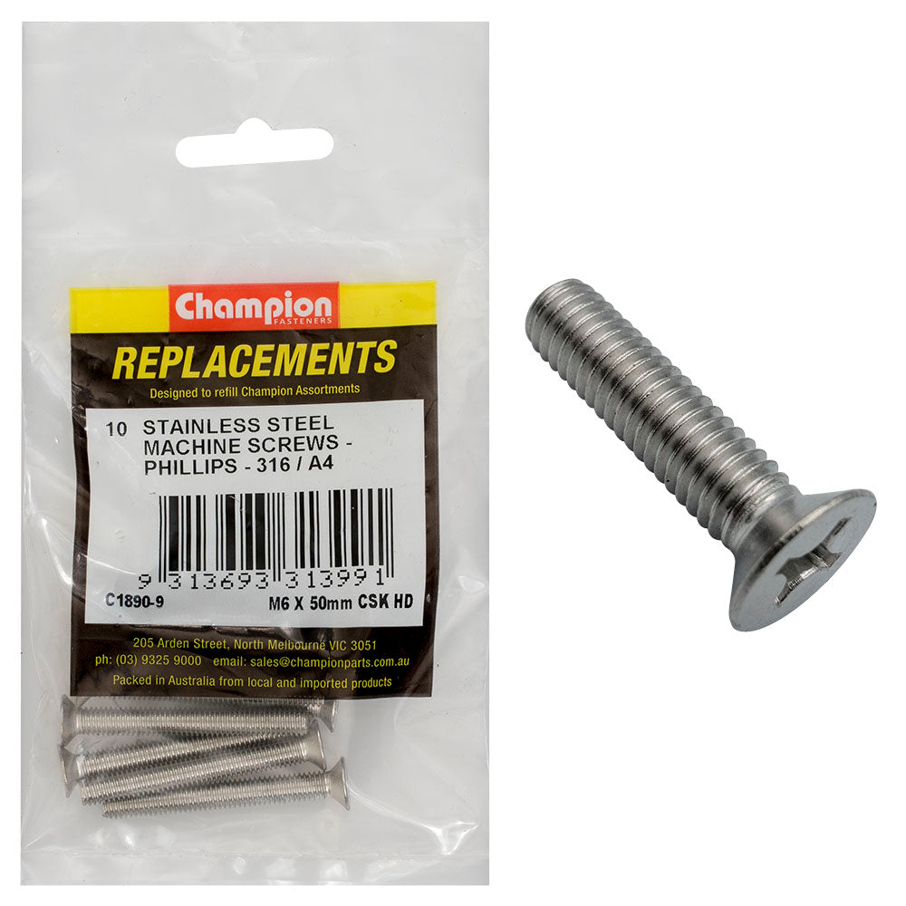 Champion M6 x 50mm Machine Screw -Csk -Ph -316/A4 -10pk