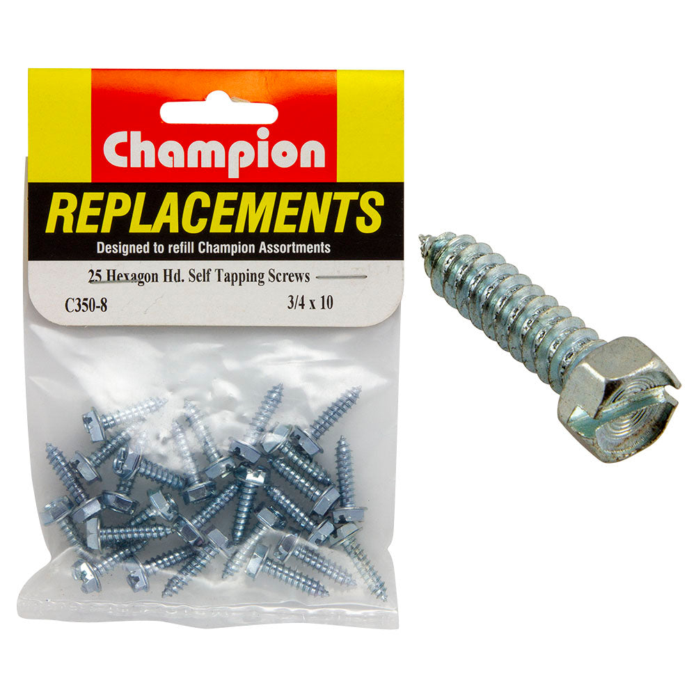 Champion 10G x 3/4in S/Tapping Screw Hex Head Phillips -25pk
