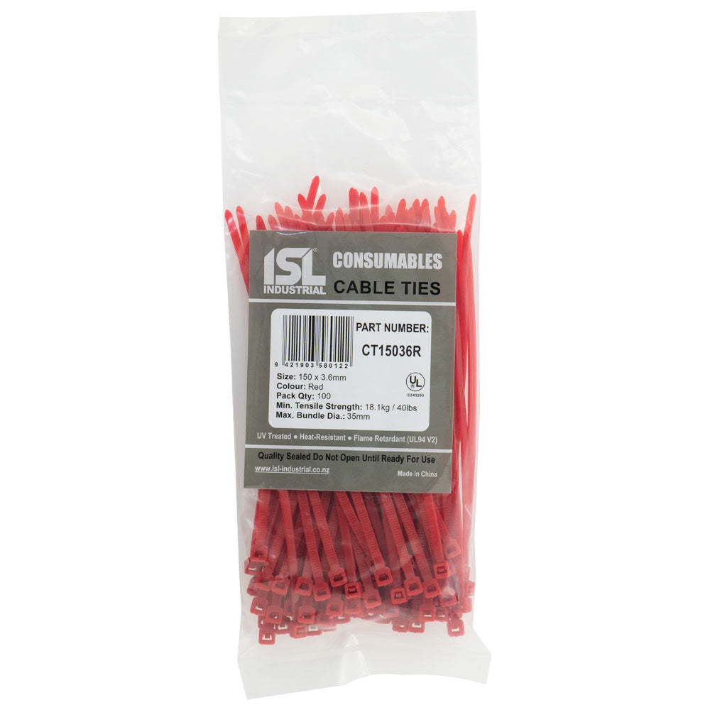 ISL 150 x 3.6mm Nylon Cable Tie - Red - 100pk