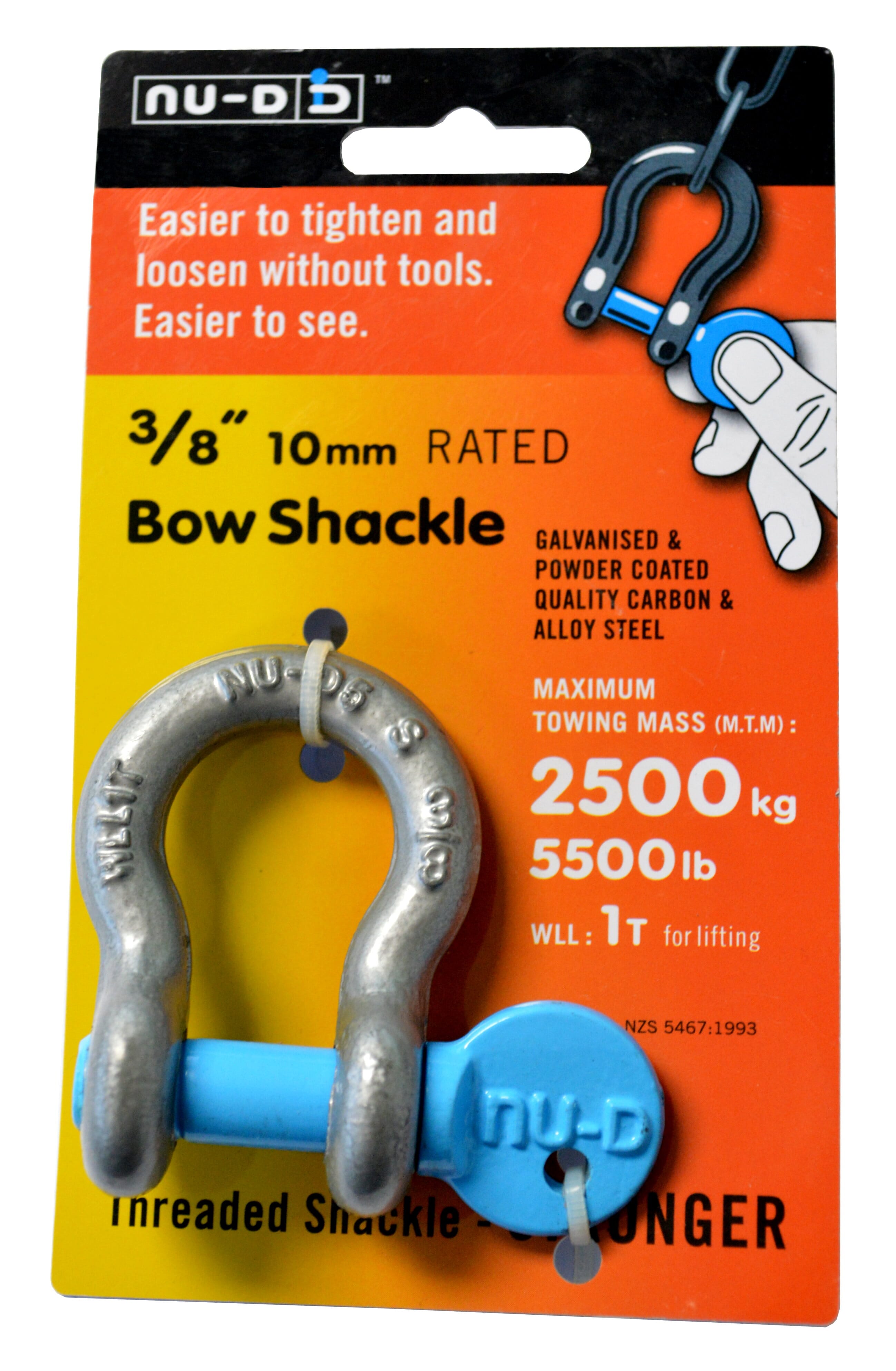NU-D Bow Shackle Easy Tighten/Loosen Galvanised Tested WLL 1000Kg 10mm