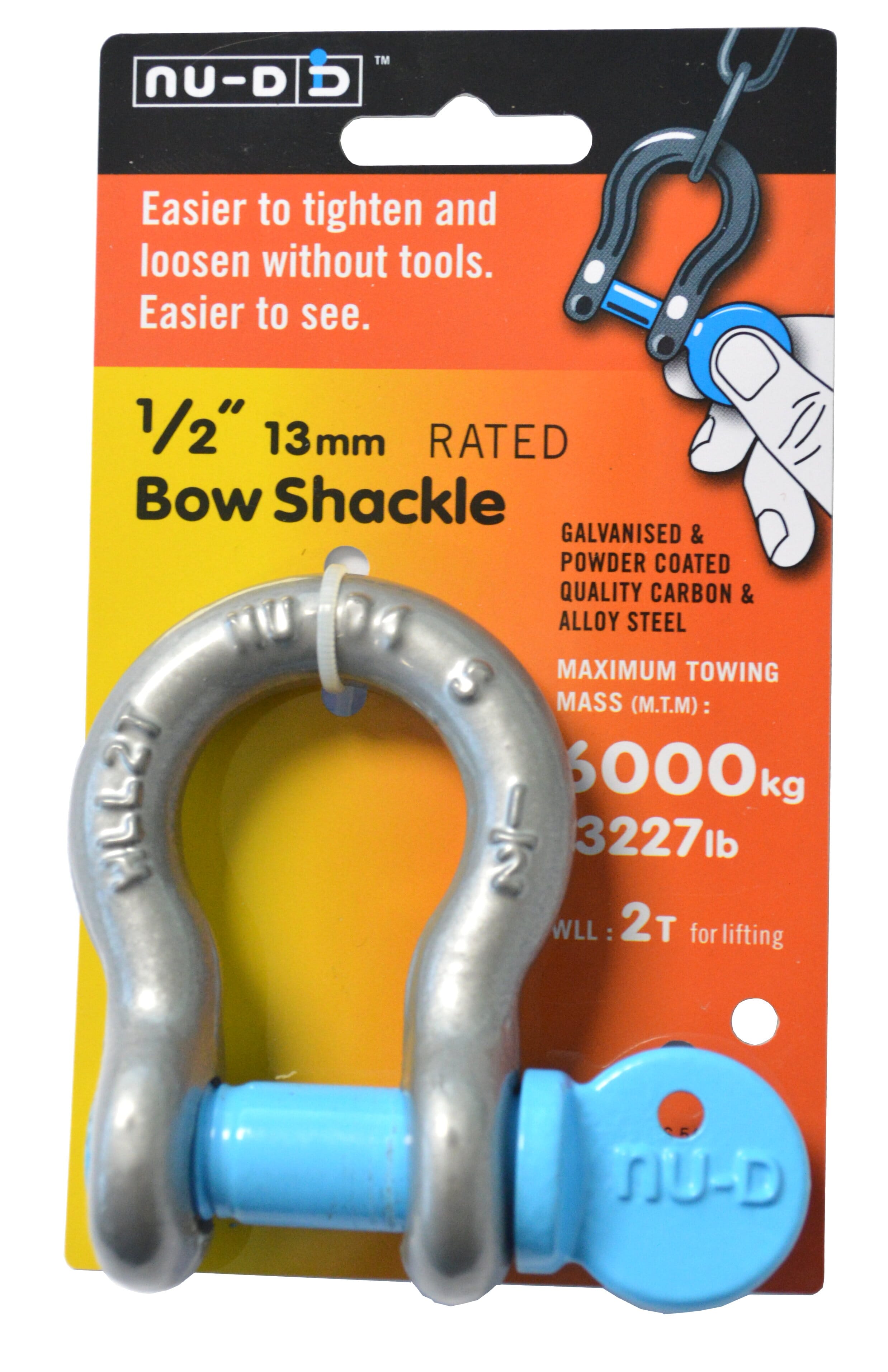 NU-D Bow Shackle Easy Tighten/Loosen Galvanised Tested WLL 2000Kg 13mm