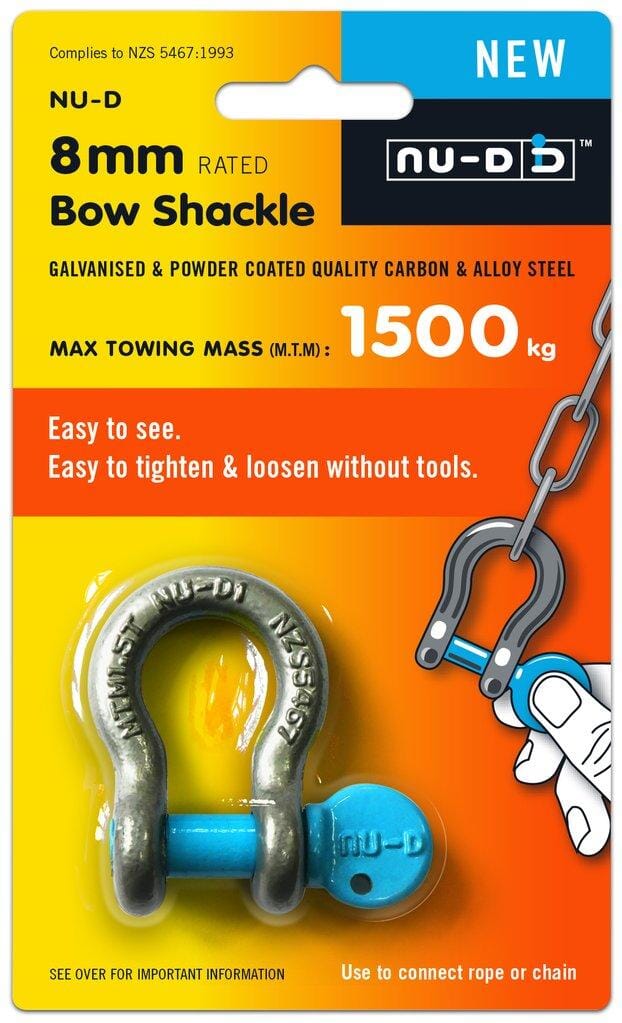 NU-D Bow Shackle Easy Tighten/Loosen Galvanised Tested 1500Kg 8mm
