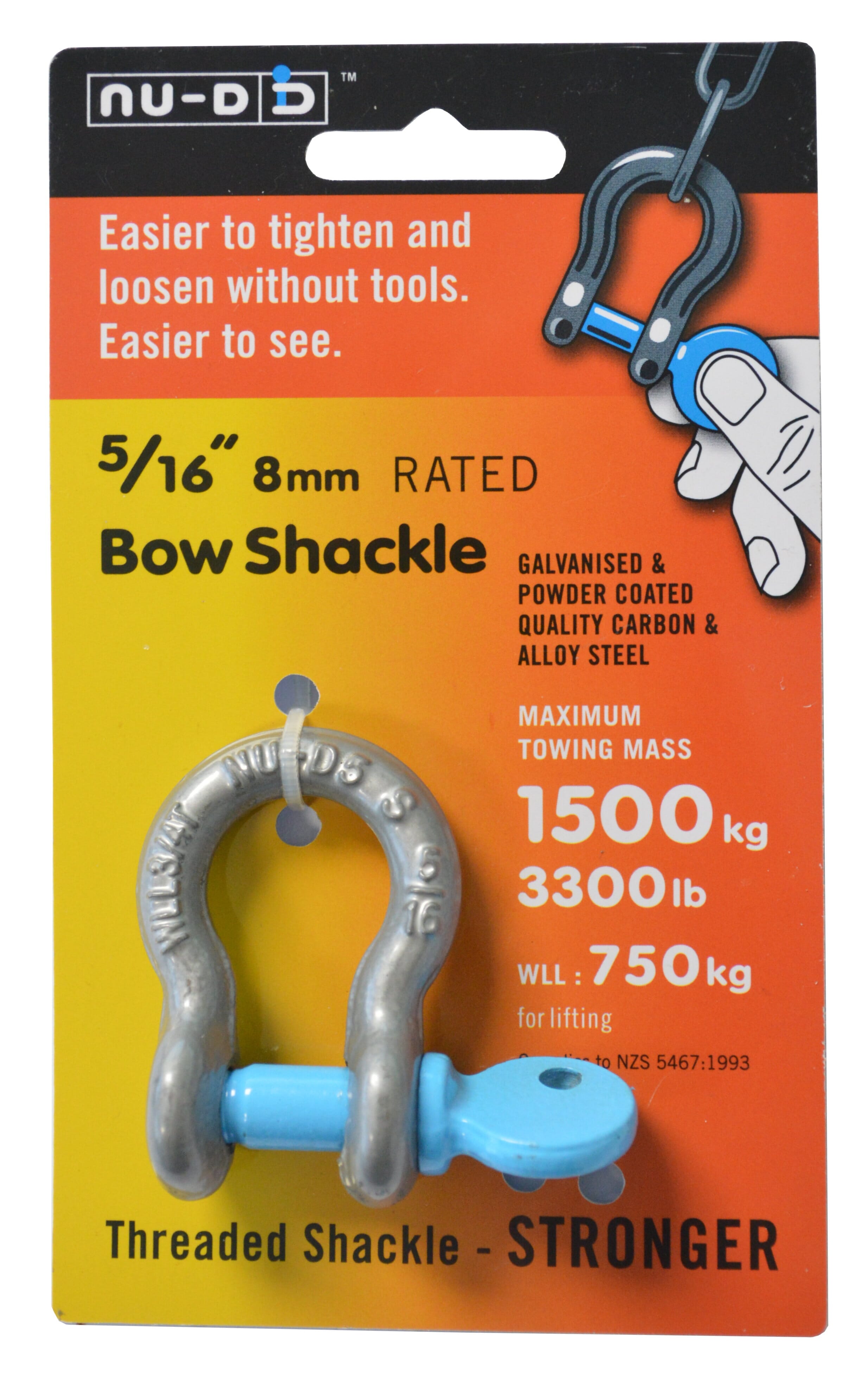 NU-D Bow Shackle Easy Tighten/Loosen Galvanised Tested  WLL 750Kg 8mm