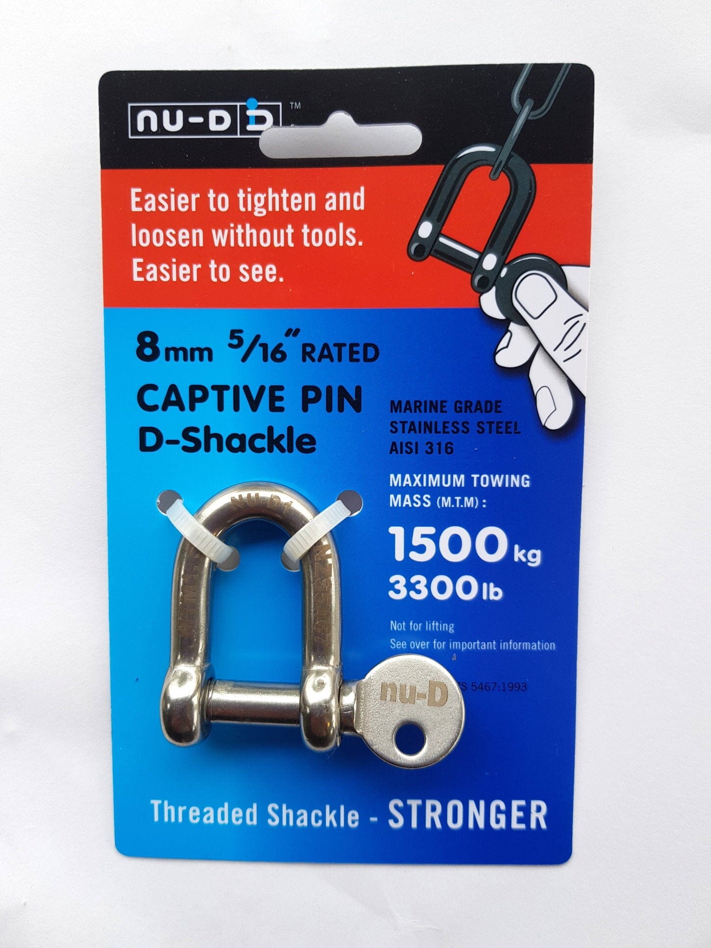 NU-D D Shackle Easy Tighten/Loosen Stainless Tested 1500Kg 8mm