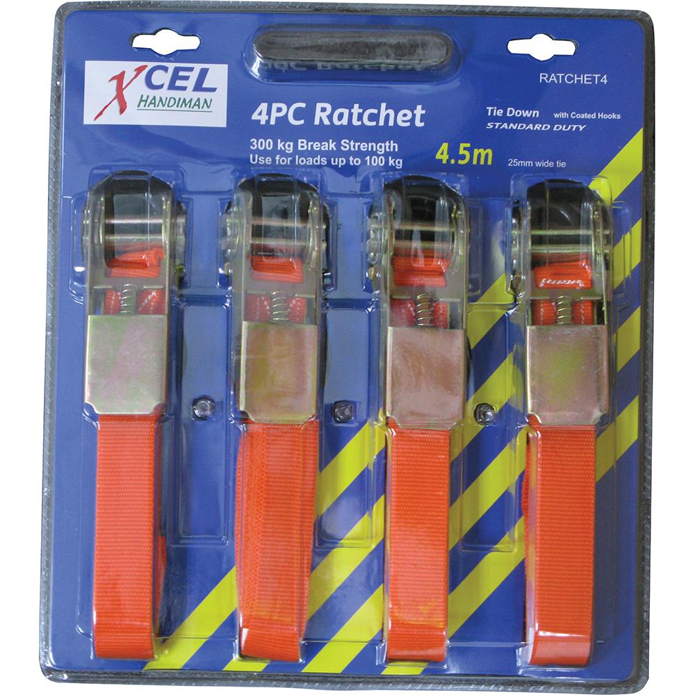 Xcel 4.5M Ratchet Tie Down 4Pc | Misc.-Workshop Equipment-Tool Factory