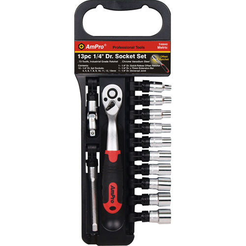 AmPro 1/4"Dr Socket Set 6pt 13pc 4-13mm-Sockets & Accessories-Tool Factory